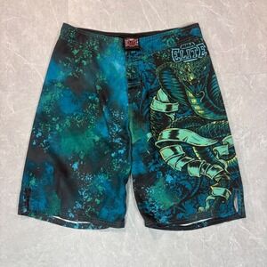 MMA Elite Mens Blue Green Cobra Graphic Board Shorts Swim Trunks Size Medium